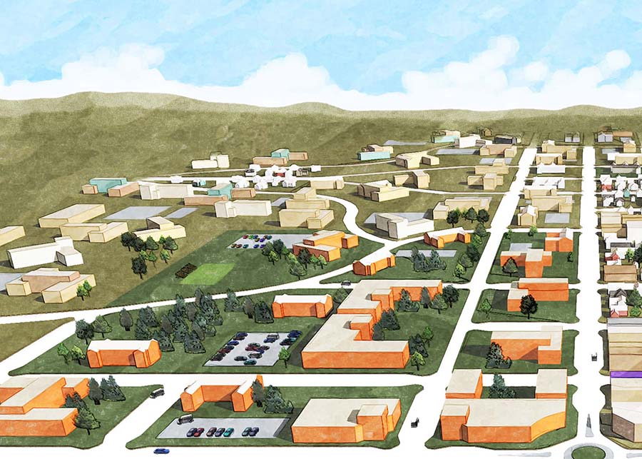 Painting showing the OSU campus in a “separate” style campus with little community integration